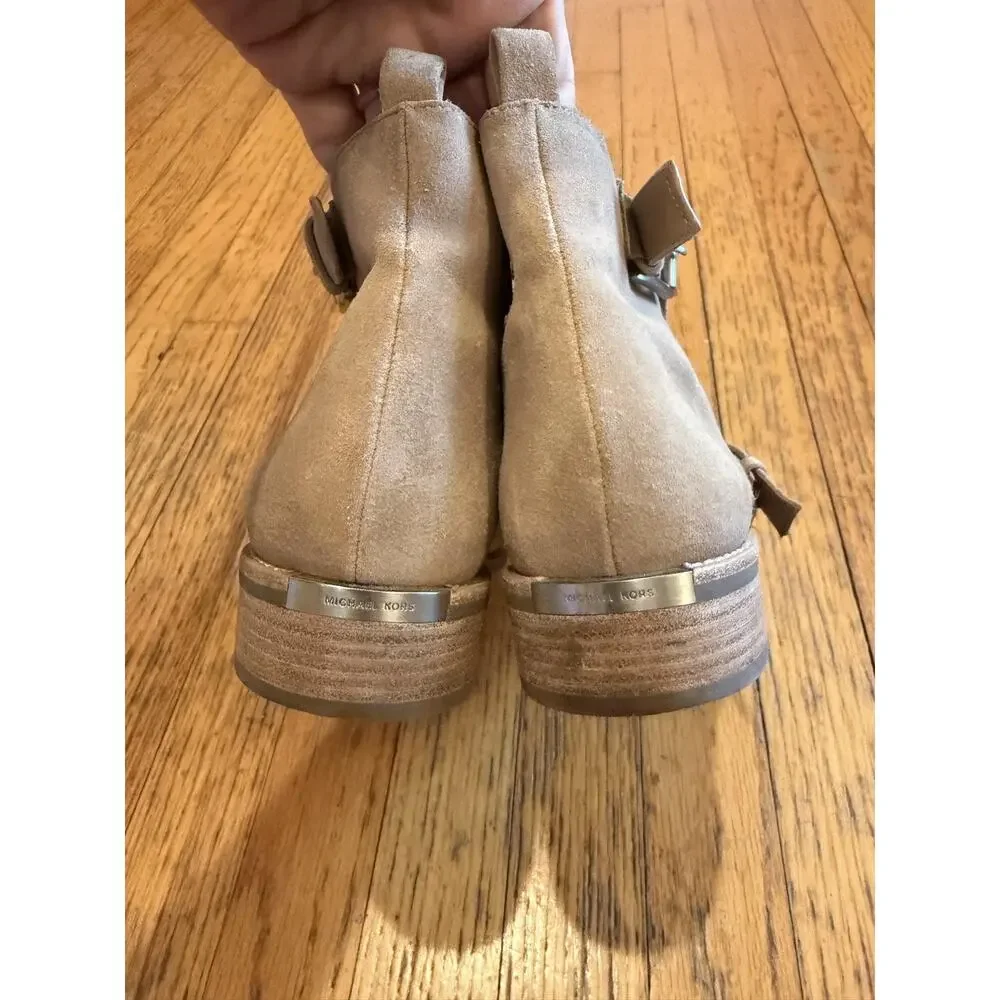 Michael Kors Boots Womens Size 8.5 Beige Suede Ankle Booties Zip Buckle Low Heel